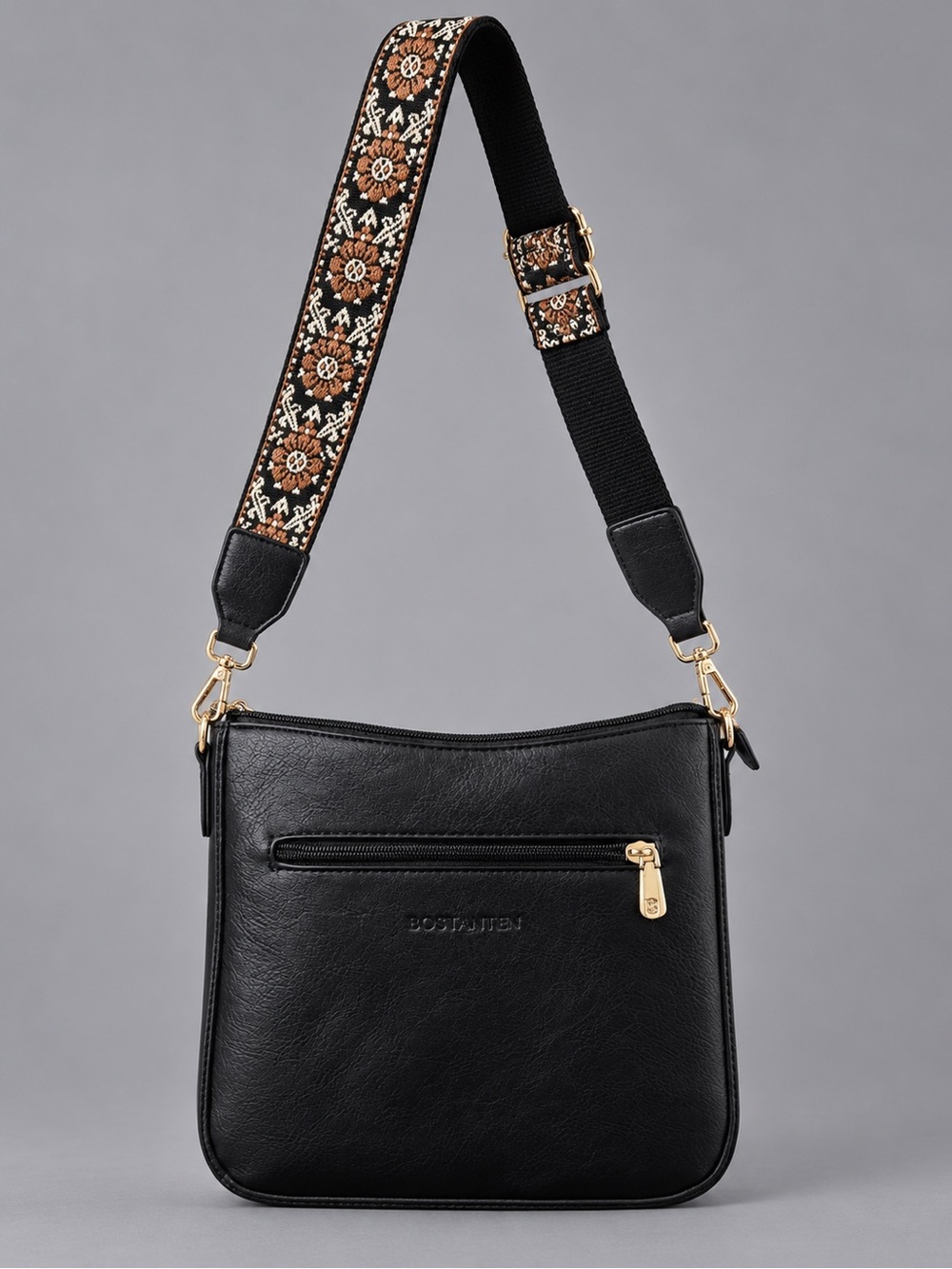 BOSTANTEN Black Crossbody Bag Floral Guitar Strap Gold Hardware